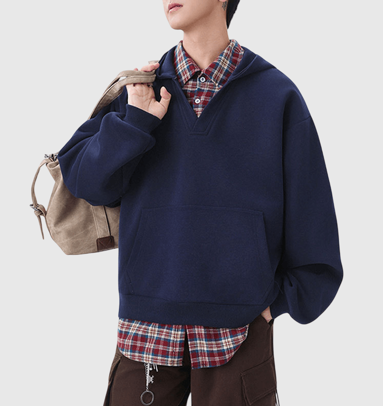假兩件式格仔恤衫拼接 重磅連帽衛衣 [CBH-1023]