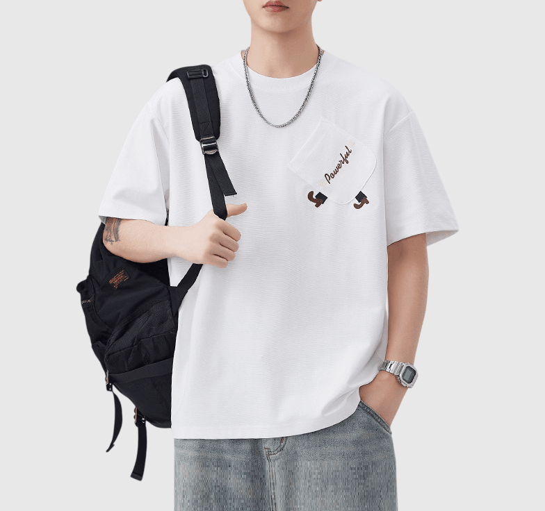 斜前袋趣味細圖案文字刺繡 短袖 T-Shirt [SBT-1505]