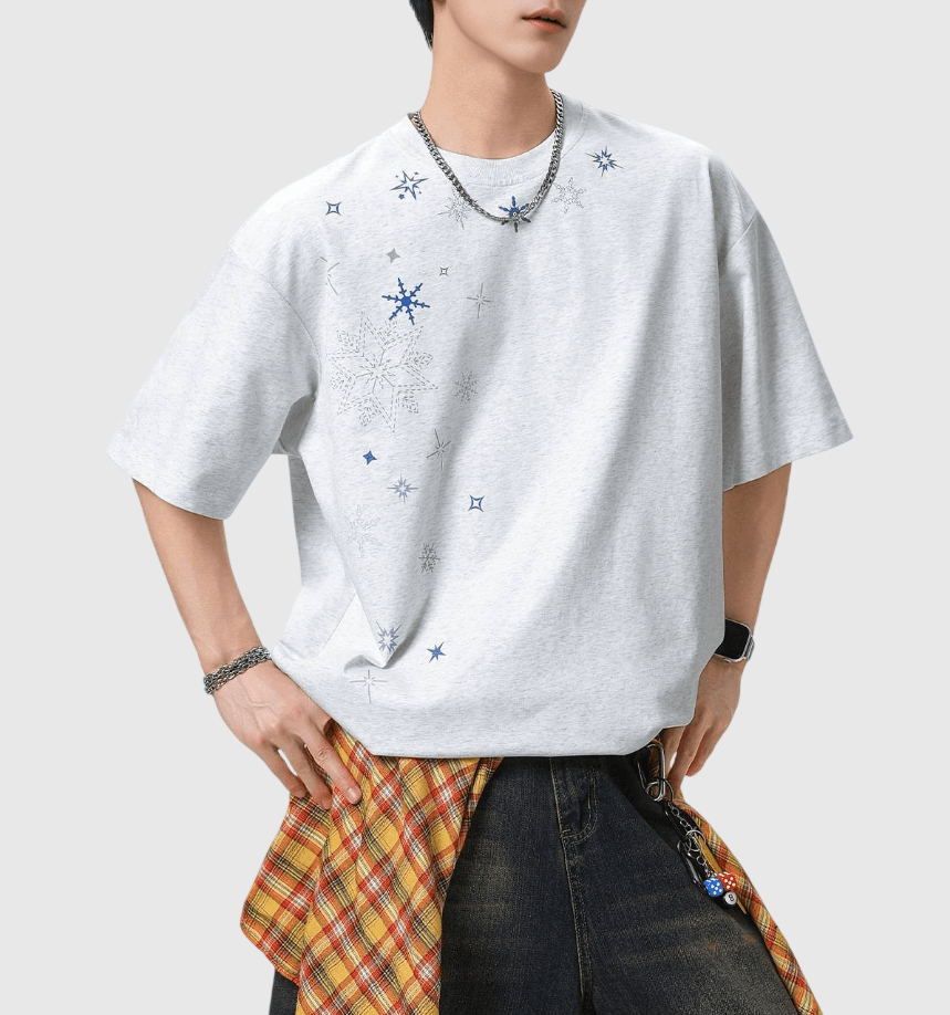 半身飄雪雪花圖案印燙設計 純棉短袖 T-Shirt [SBT-1514]