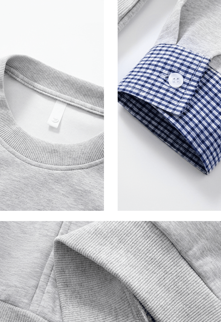 日系手袖格紋恤衫縫紉拼接 長袖衛衣 [SBH-1347]