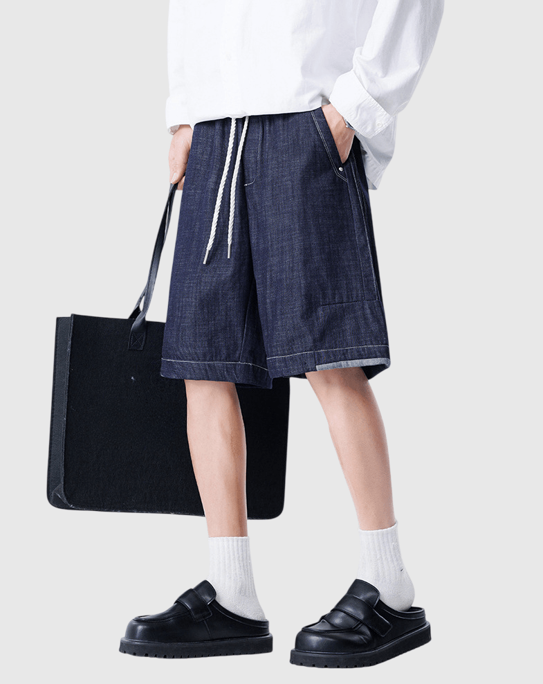 日系褲腳色系拼布設計 仿牛仔透氣短褲 [SBST-1167]