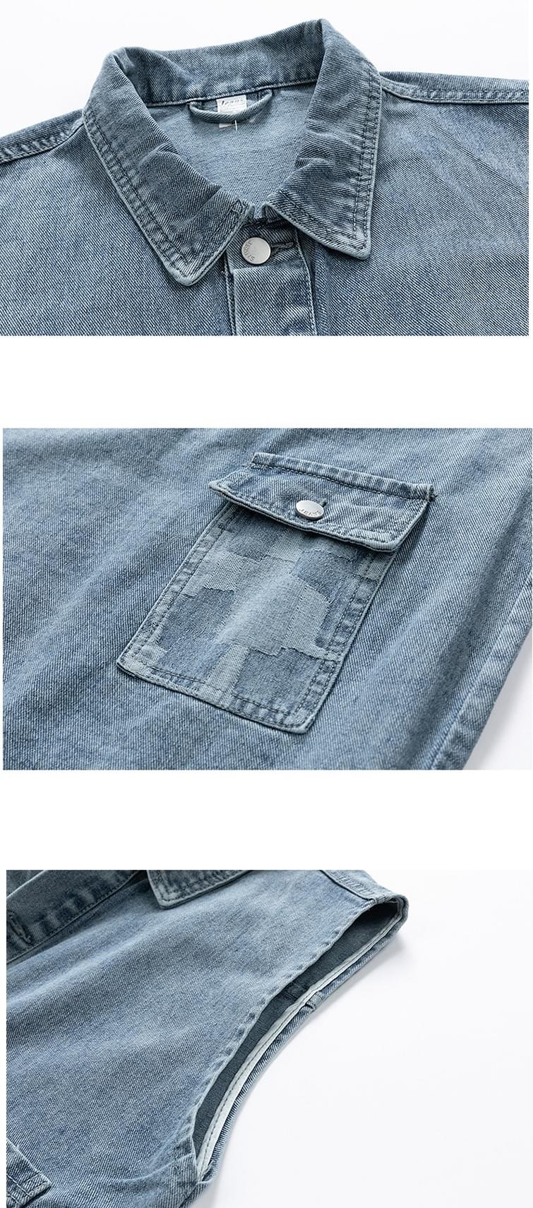 雙前袋撞色拼布縫接 背心水洗牛仔外套 [CBJ-1069]