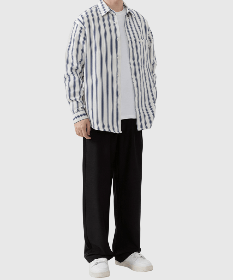 日系手袖牛仔布縫紉條紋色織 長袖恤衫 [SBS-1389]