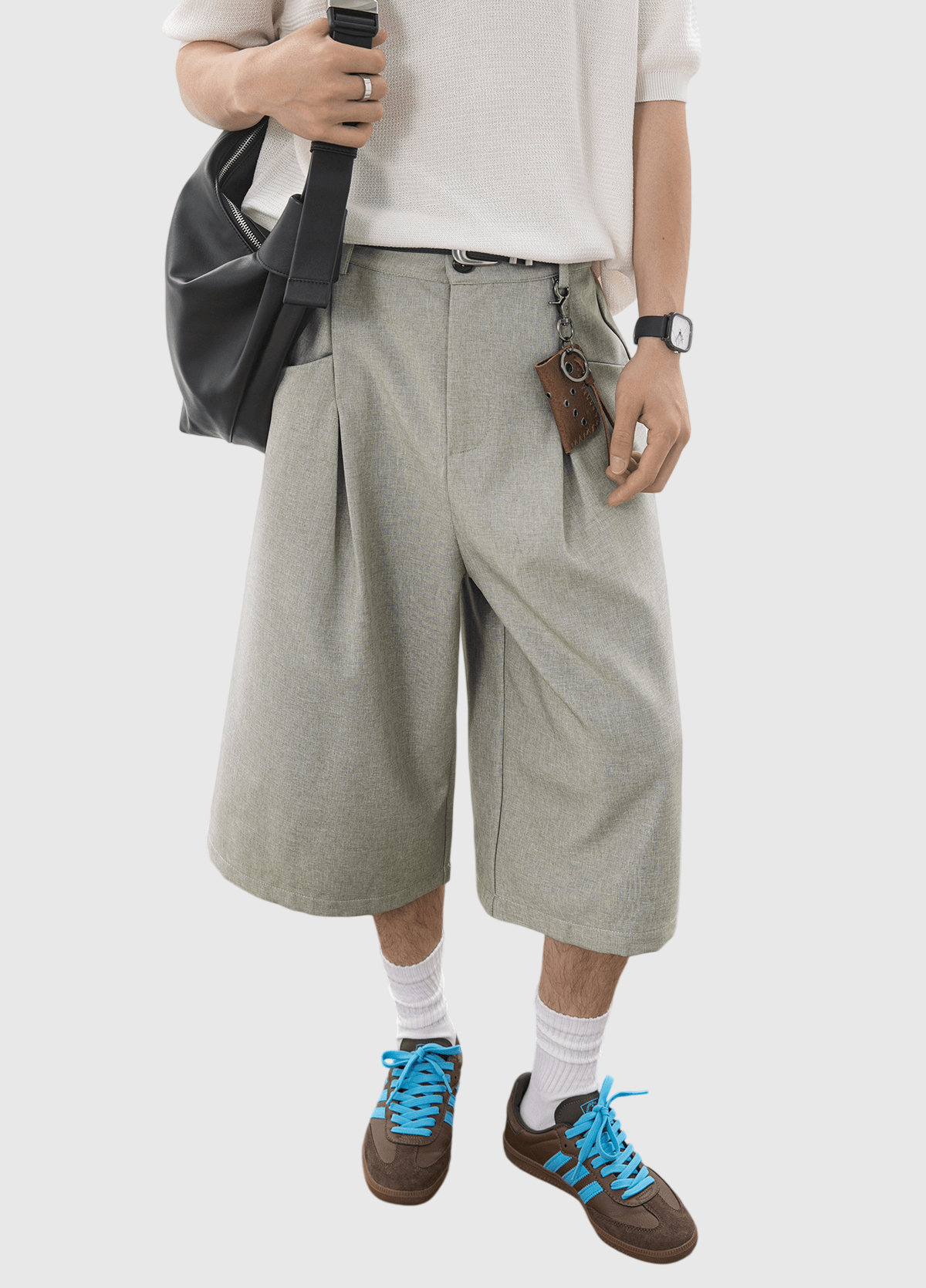 日系褶皺縫紉設計 麻質透氣垂感七分短褲 [SBST-1166]