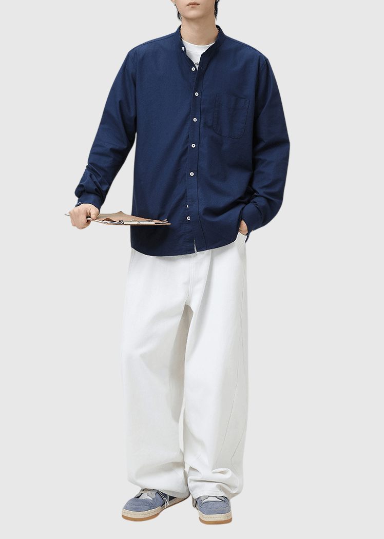 日系基礎前袋設計 純棉立領長袖恤衫 [SBS-1372]