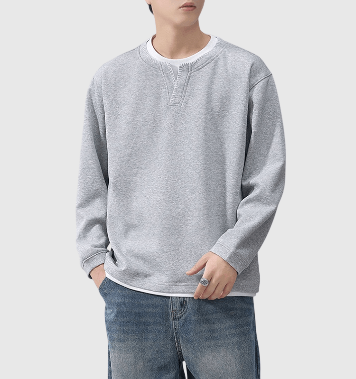 日系領口撞色手工縫線設計 假兩件式短袖 T-Shirt [SBH-1363]