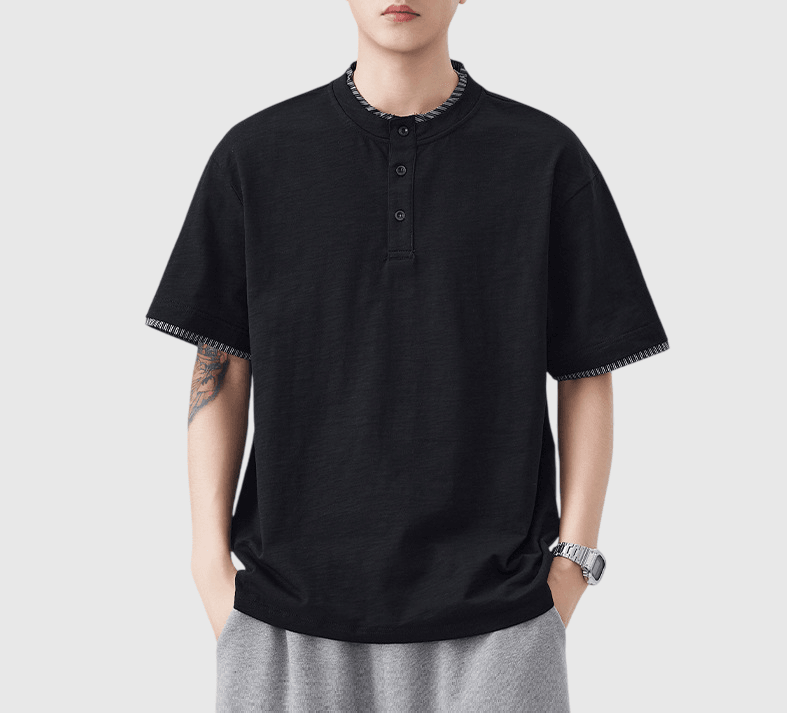 日系假兩件式條紋縫紉 亨利領純棉短袖 T-Shirt [SBT-1508]