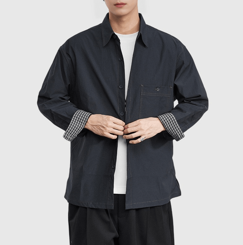 復古鈕扣前袋內層格紋拼接 長袖恤衫 [SBS-1383]