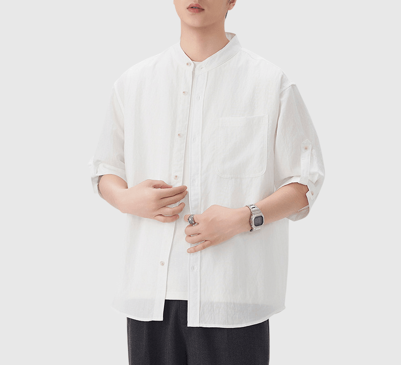 日系基礎可摺疊手袖設計 麻質半領短袖恤衫 [SBS-1396]