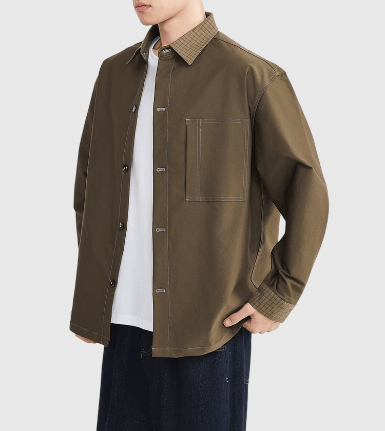 日系復古輯明線領口格紋拼接 長袖恤衫 [SBS-1381]