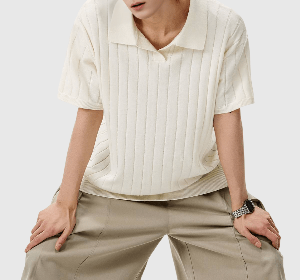 復古垂直肌理紋理 V 領 針織短袖 POLO T-Shirt [SBT-1474]