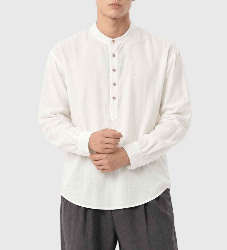復古基礎色系牛角鈕扣 亨利領麻質透氣短袖 T-Shirt [SBT-1591]