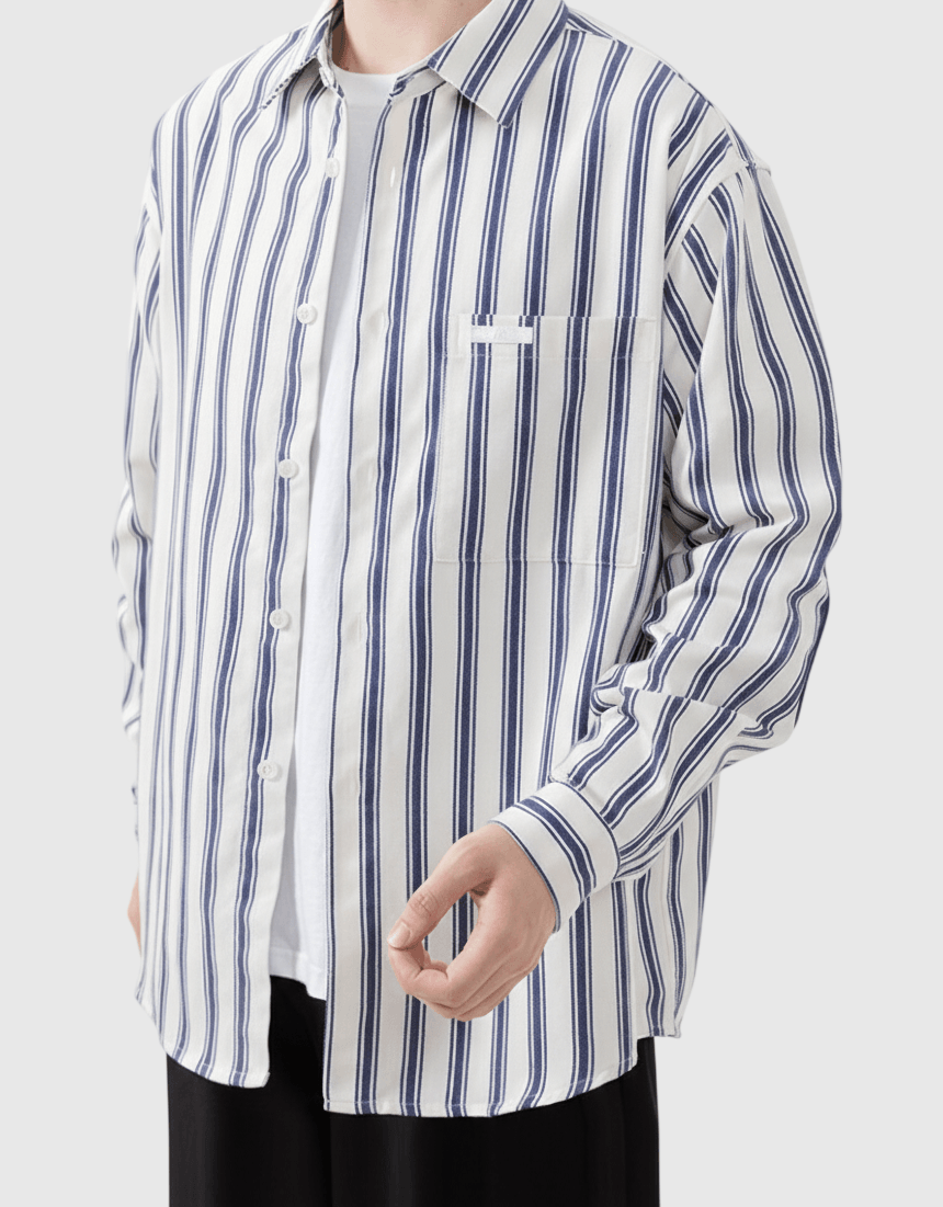 日系手袖牛仔布縫紉條紋色織 長袖恤衫 [SBS-1389]