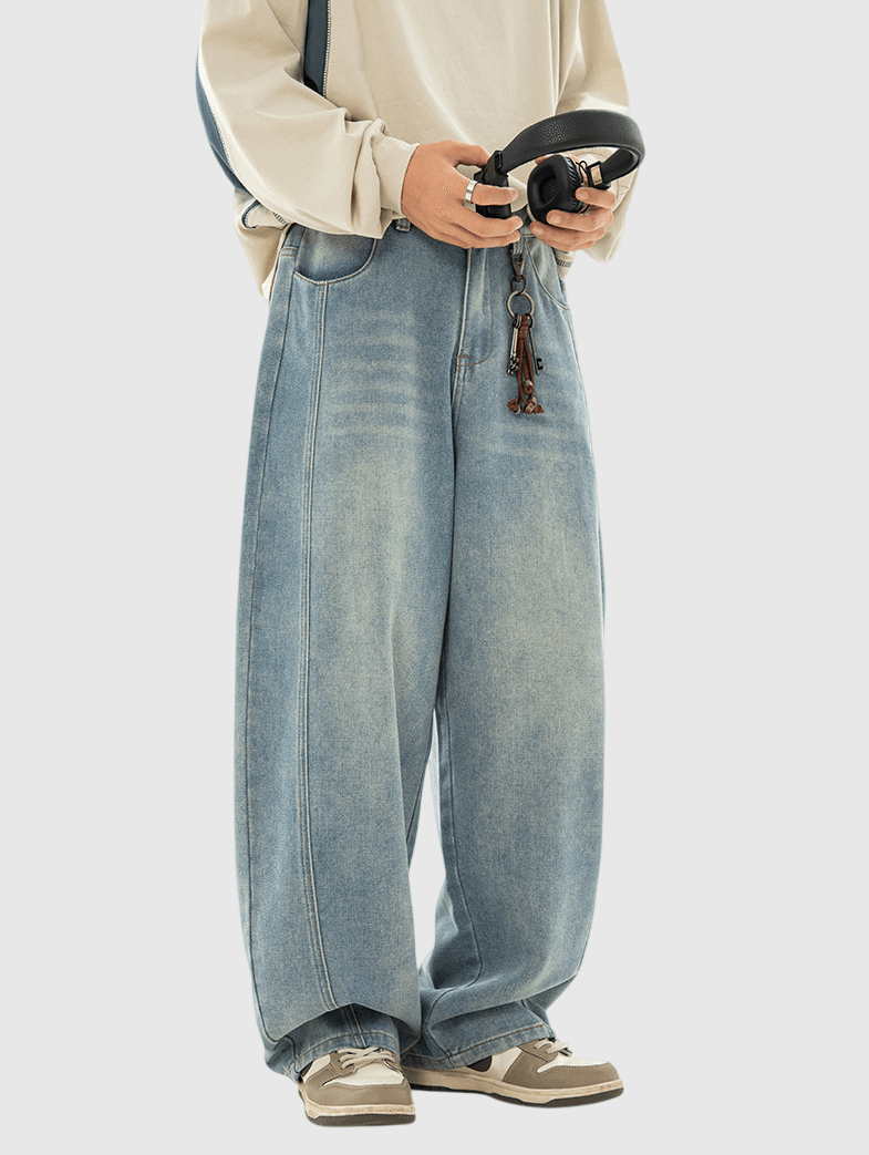 復古洗水立體縫線設計 闊腳牛仔直筒錐形長褲 [SBP-1189]