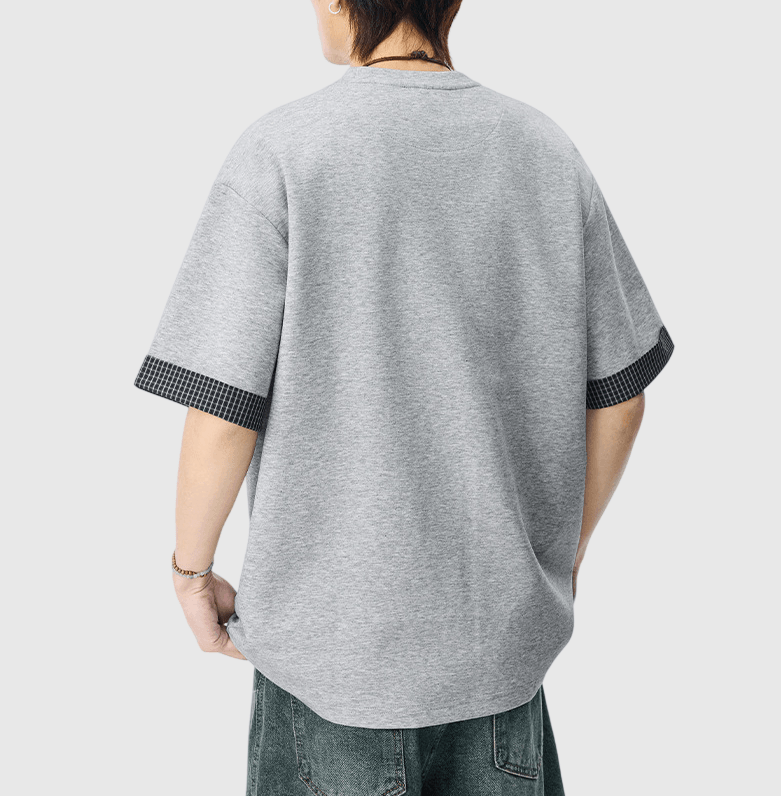 日系手袖格紋縫紉設計 短袖T-Shirt [SBT-1507]