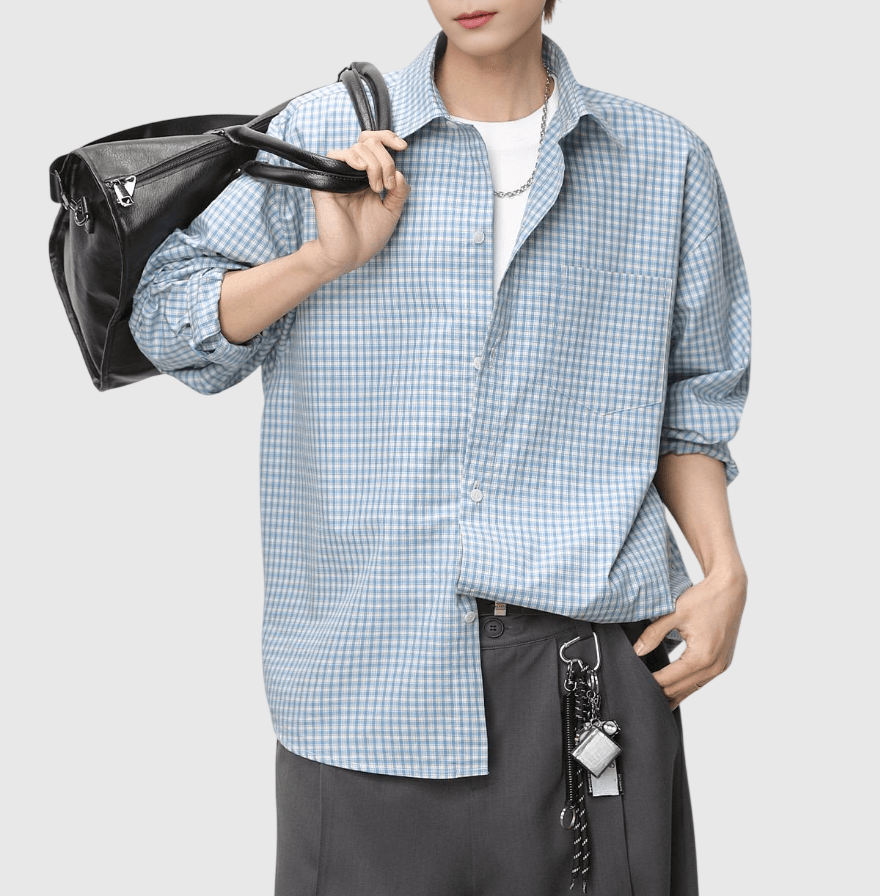 復古基礎細格仔紋理工藝 長袖恤衫 [SBS-1375]