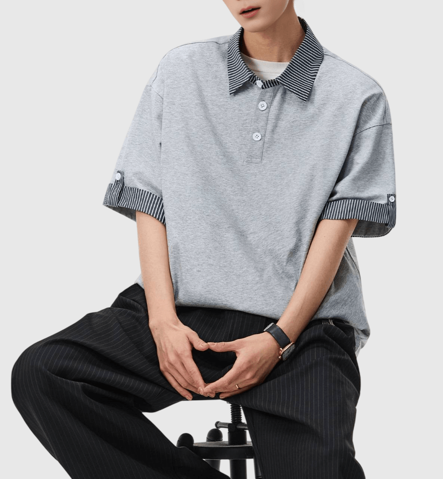 日系假兩件式條紋縫紉設計 短袖 POLO T-Shirt [SBT-1512]