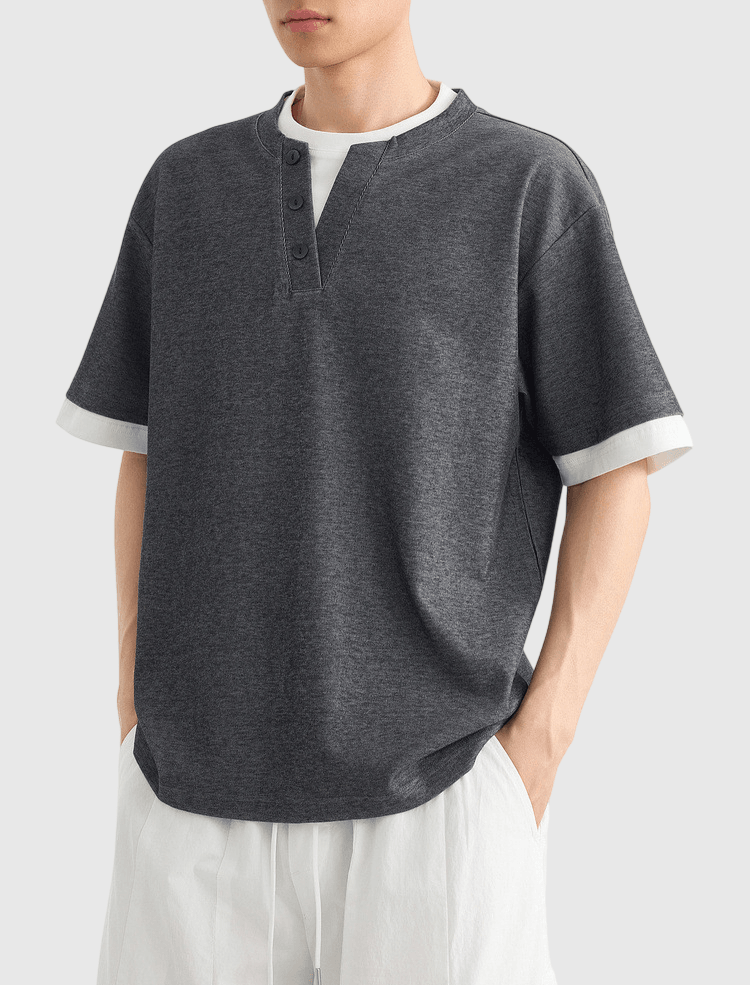假兩件結構設計 亨利領鈕扣針織短袖 T-Shirt [CBT-1334]