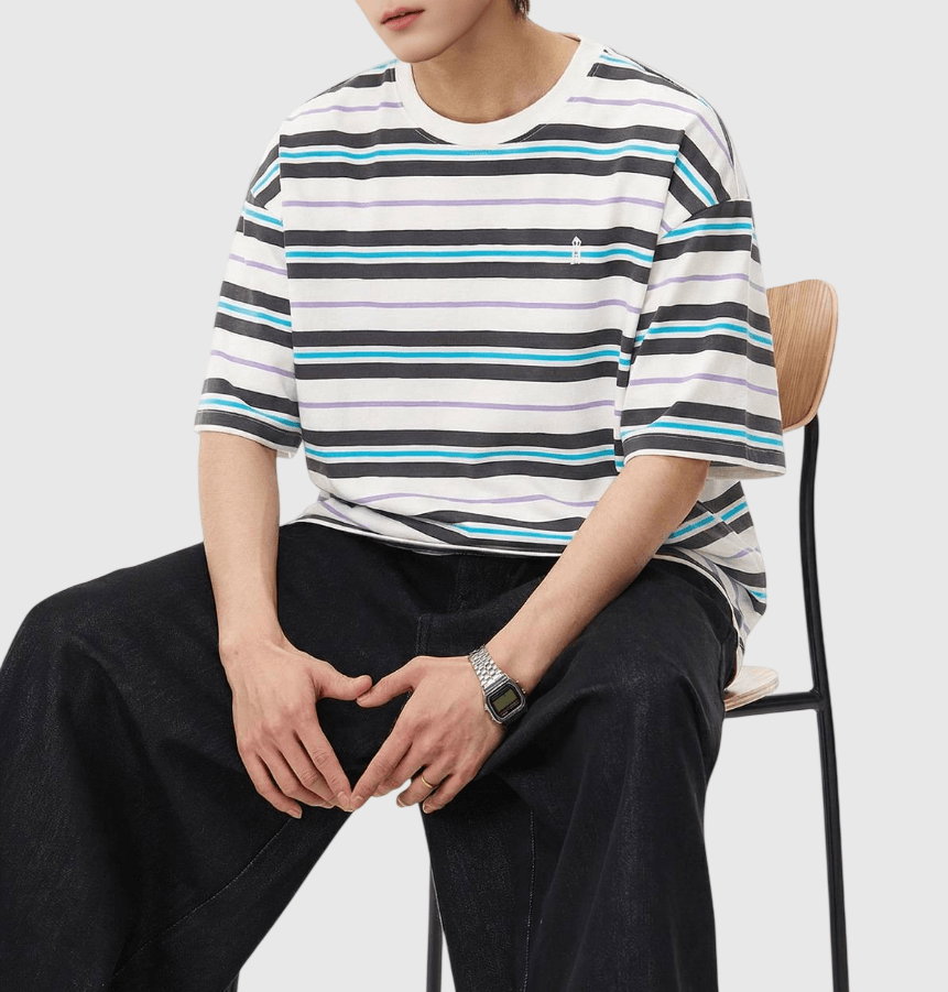 復古撞多色條紋燈塔小刺繡 純棉短袖 T-Shirt [SBT-1151]