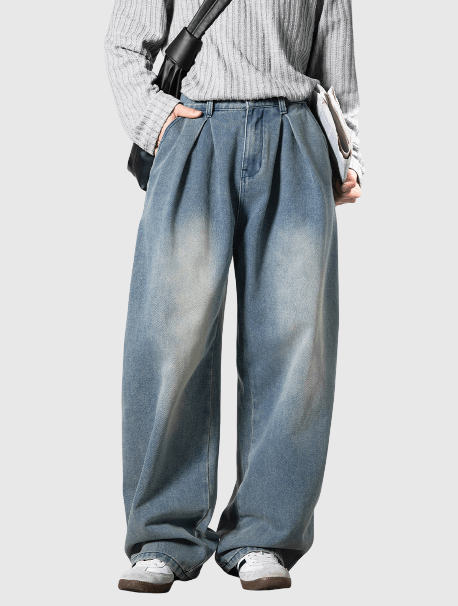日系基礎洗水立體褶皺設計 闊腳牛仔直筒長褲 [SBP-1194]