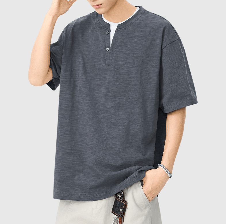 日系基礎層次假兩件式縫紉設計 亨利領天竺棉短袖 T-Shirt [SBT-1511]