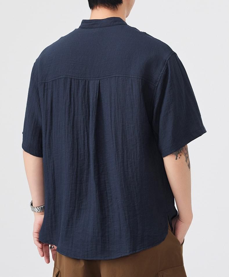 復古前袋設計 亨利領麻質透氣短袖 T-Shirt [SBT-1450]