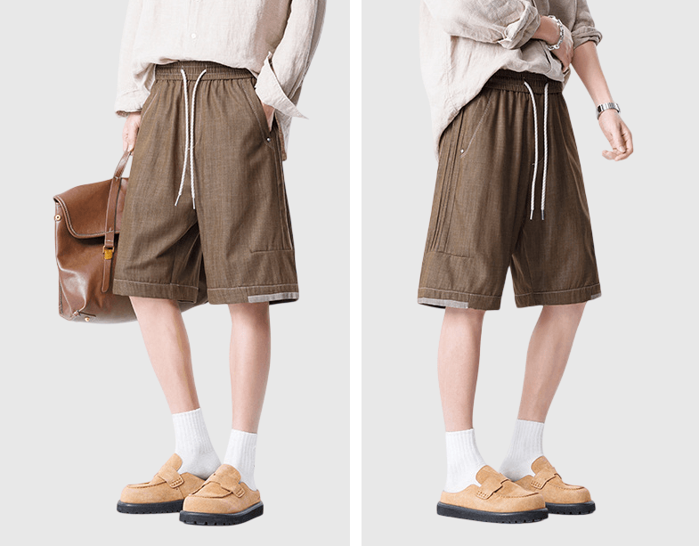 日系褲腳色系拼布設計 仿牛仔透氣短褲 [SBST-1167]