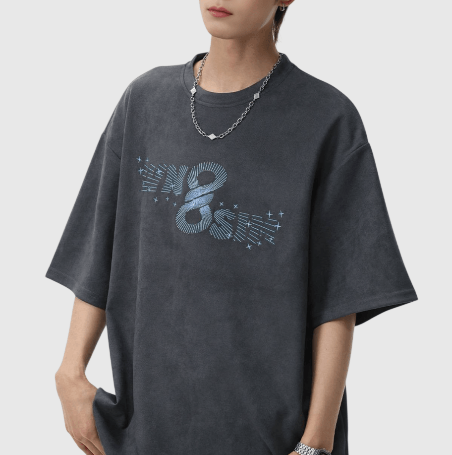 復古放射射線文字圖案印燙 絨面皮布短袖 T-Shirt [SBT-1487]