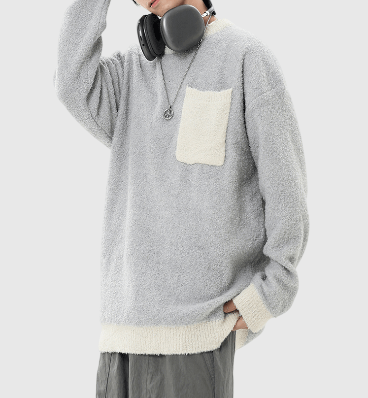 色系撞色絨毛織布設計 圓領針織冷衫 [CBK-1041]