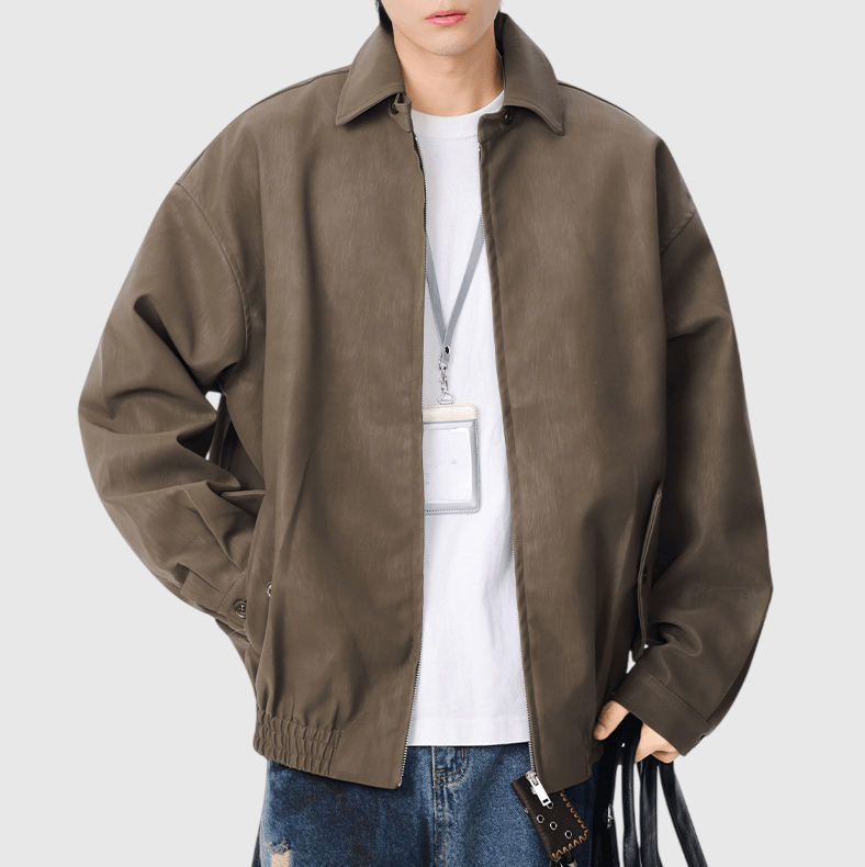 日系基礎輕水洗紮染雙側袋設計 長袖皮革外套 [SBO-1476]