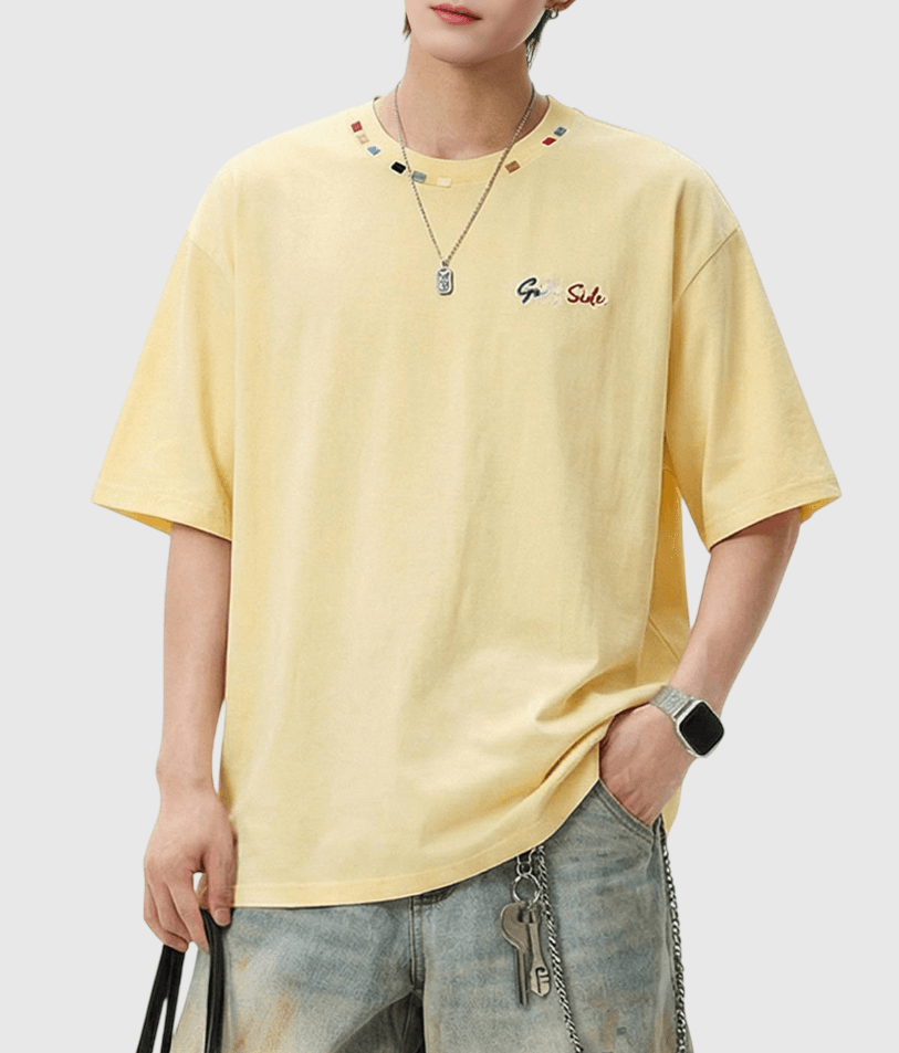 復古領口色彩設計刺繡 純棉短袖 T-Shirt [SBT-1484]