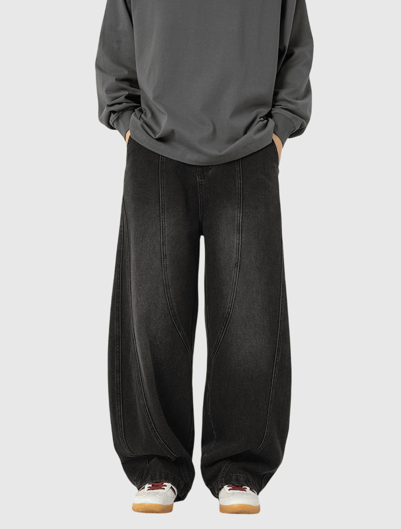 復古洗水立體縫線設計 闊腳牛仔直筒長褲 [SBP-1189]