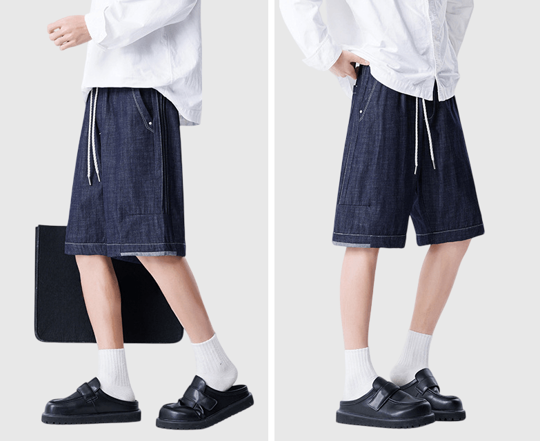 日系褲腳色系拼布設計 仿牛仔透氣短褲 [SBST-1167]