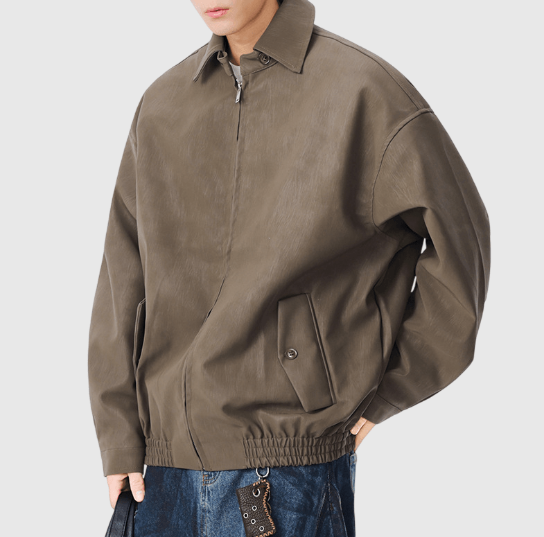 日系基礎輕水洗紮染雙側袋設計 長袖皮革外套 [SBO-1476]