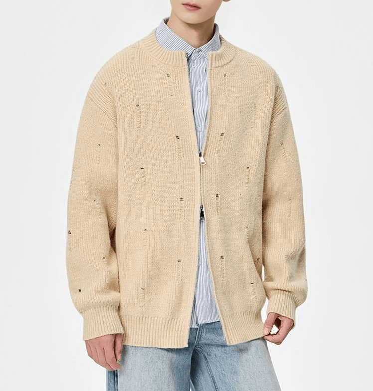 日系不規則破洞 針織圓領開胸外套 [SBO-1503]