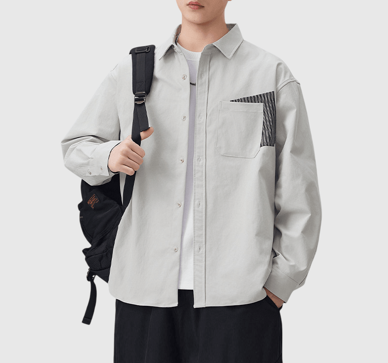 日系前袋雙縫接紋理設計 透氣長袖恤衫 [SBS-1392]