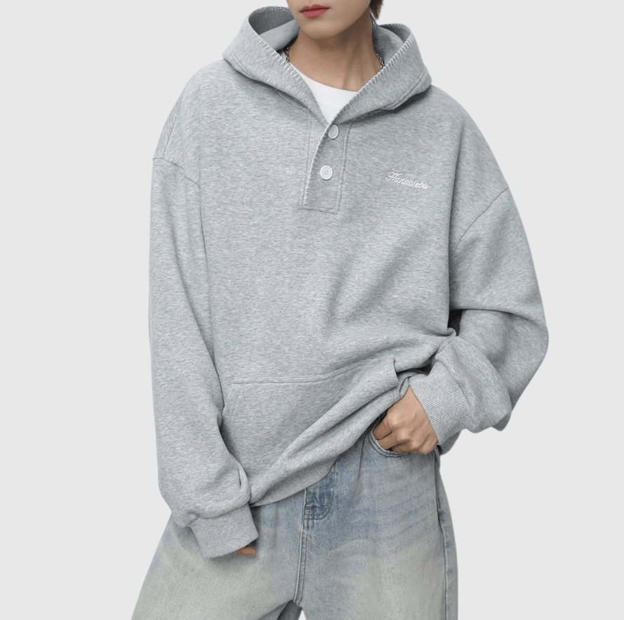 日系帽簷撞色縫線設計 半開領鈕扣連帽衛衣 [SBH-1344]