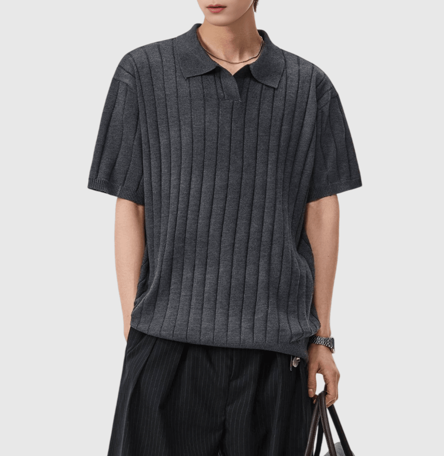復古垂直肌理紋理 V 領 針織短袖 POLO T-Shirt [SBT-1474]