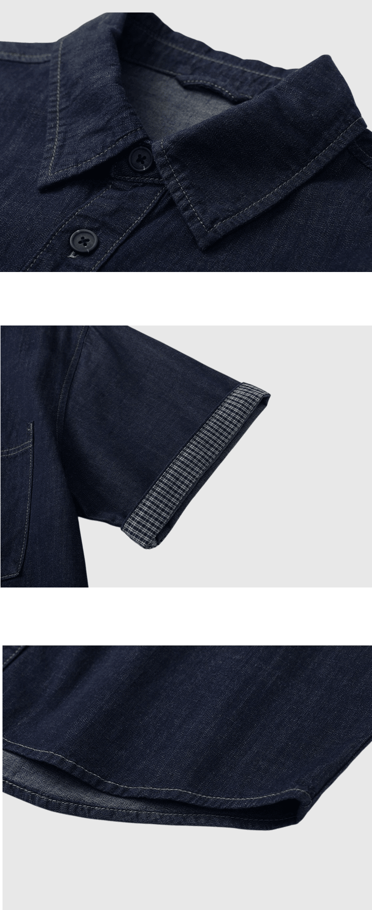 日系手袖格紋縫紉設計 牛仔短袖恤衫 [SBS-1403]