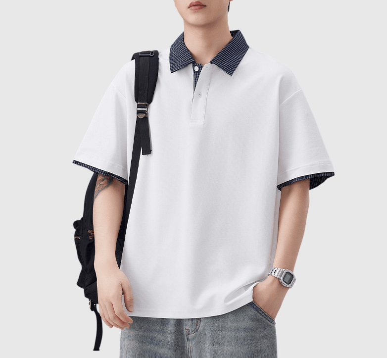 日系格紋假兩件式設計 短袖 POLO T-Shirt [SBT-1504]