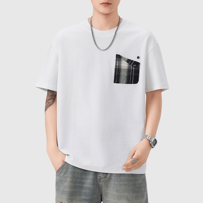 復古格紋前袋撞色拼接設計 短袖 T-Shirt [SBT-1568]