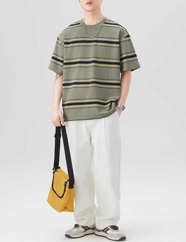 復古闊幼橫間條紋撞色 透氣短袖 T-Shirt [SBT-1107]