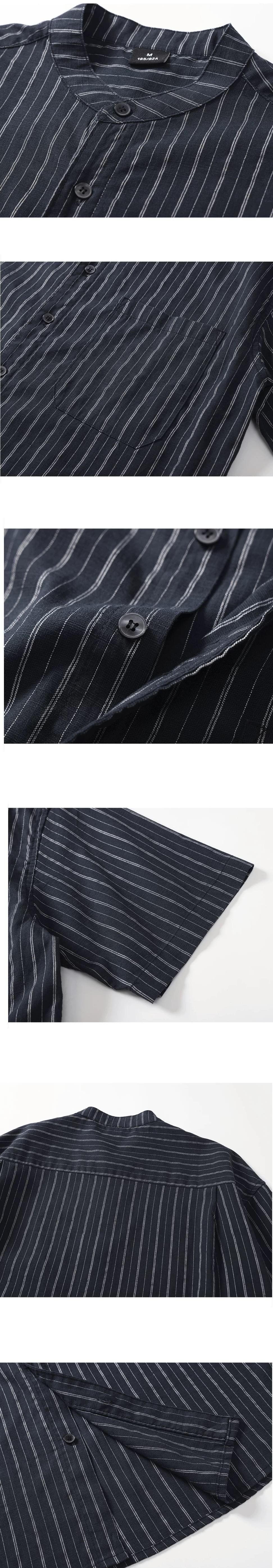 日系基礎前袋垂直條紋 麻質半領短袖恤衫 [SBS-1400]