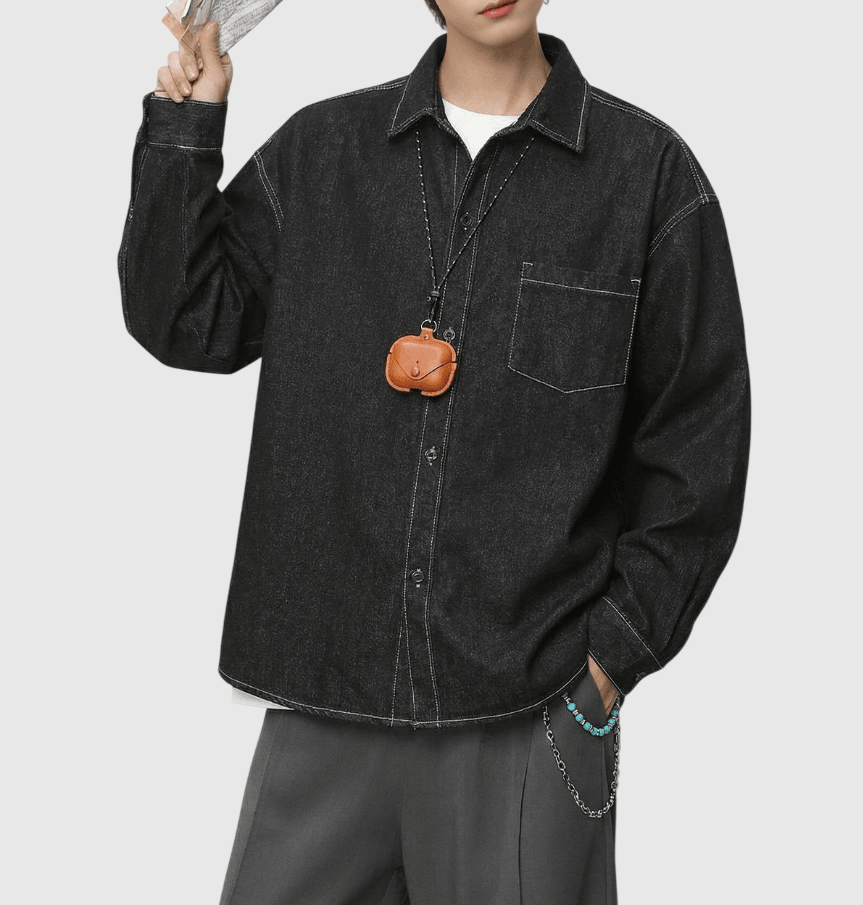 復古基礎前袋原色牛仔 純棉水洗長袖恤衫 [SBS-1346]