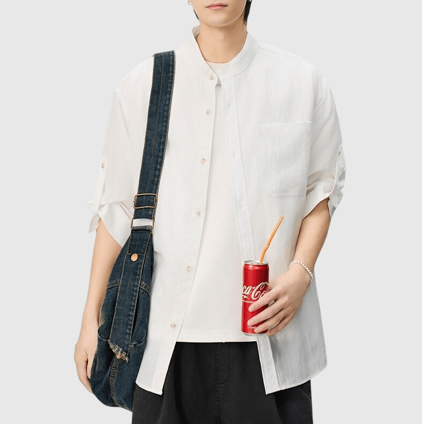 日系基礎可摺疊手袖設計 麻質半領短袖恤衫 [SBS-1396]