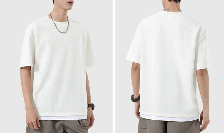 復古細破口造舊假兩件式設計 短袖 T-Shirt [SBT-1494]