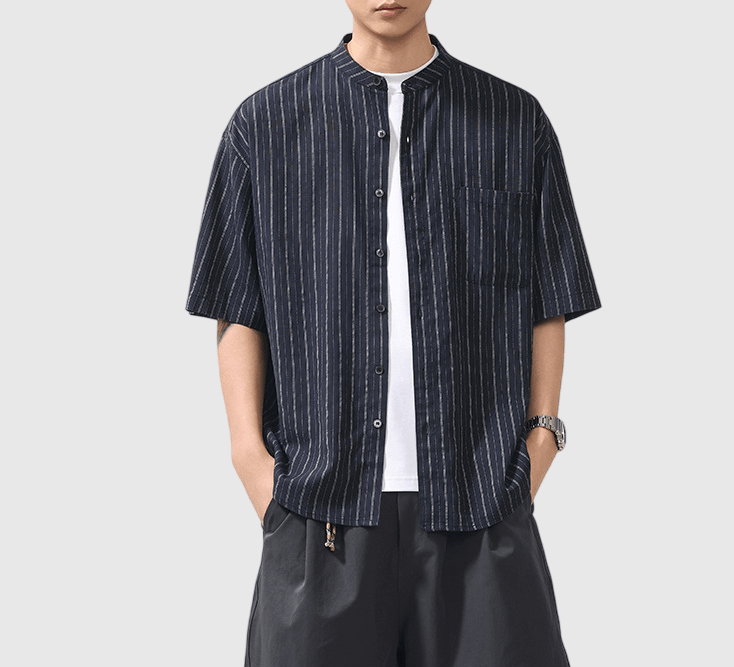 日系基礎前袋垂直條紋 麻質半領短袖恤衫 [SBS-1400]