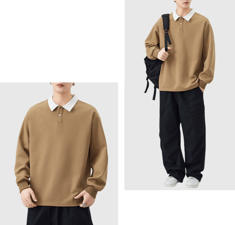 日系基礎撞色領口拼接設計 長袖 POLO T-Shirt [SBT-1468]