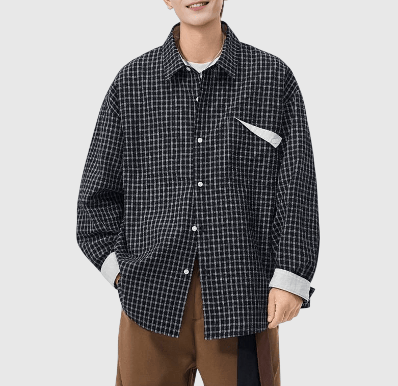 復古細格紋理前袋反向設計 長袖恤衫 [SBS-1378]