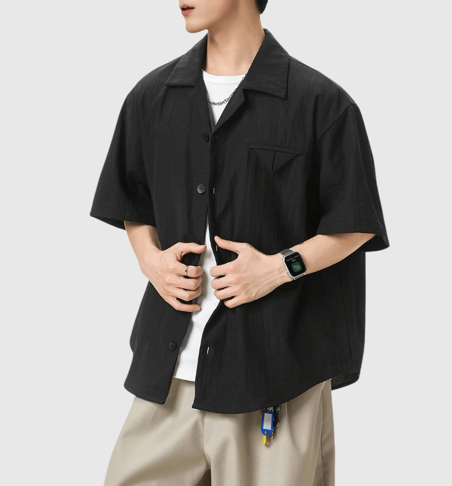 復古三角縫紉前袋微皺紋理 透氣垂感麻質短袖恤衫 [SBS-1393]